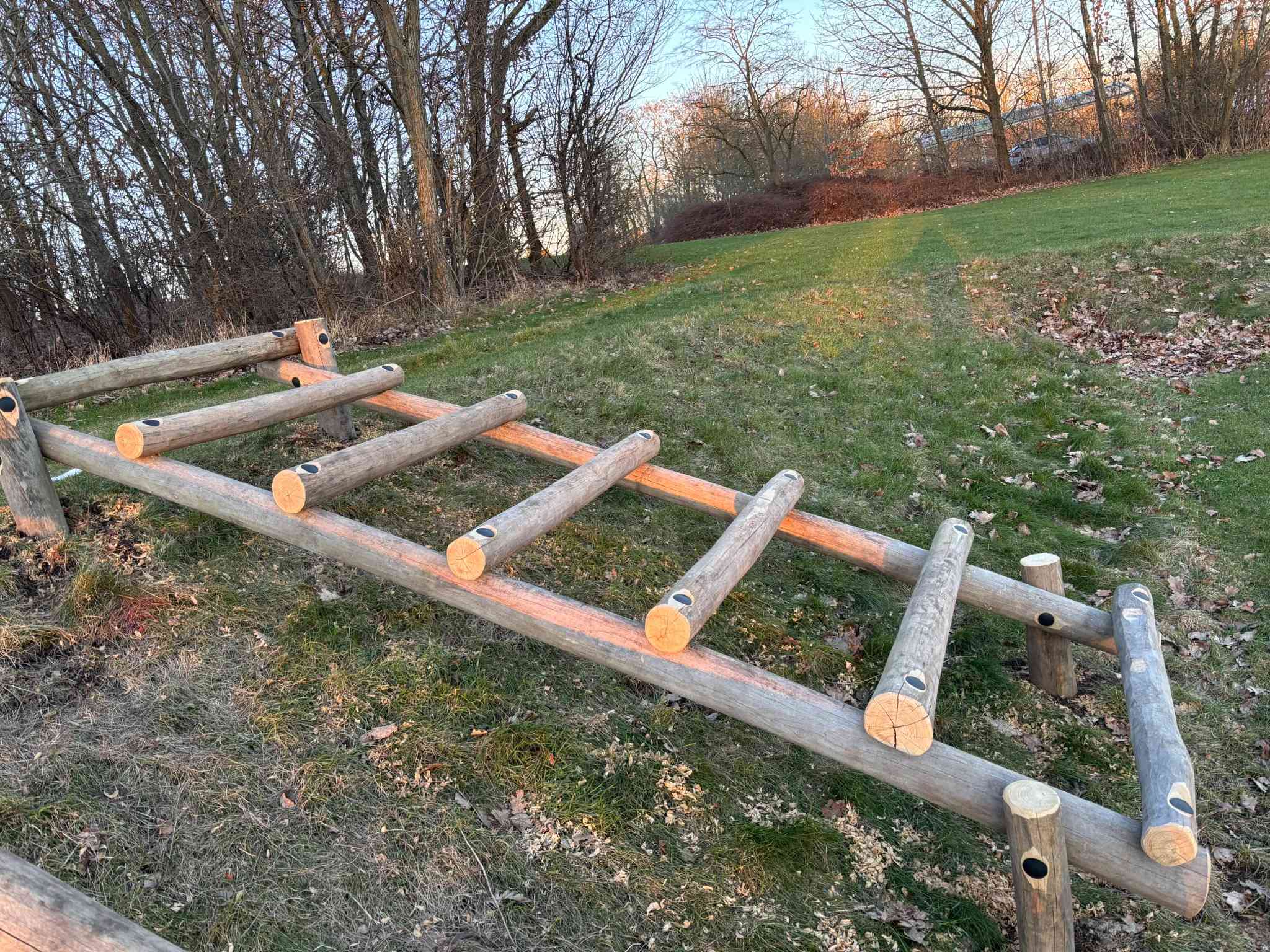 Skrå trærampe med runde ribber til klatring i en naturlegeplads.